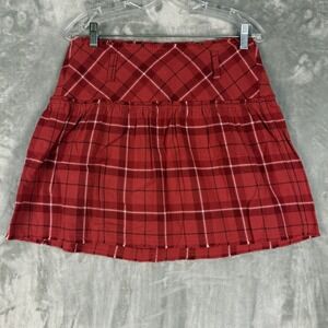 Y2K Guess Jeans Women Red Plaid‎ Flannel Mini Skirt Fringe Distressed Size 27